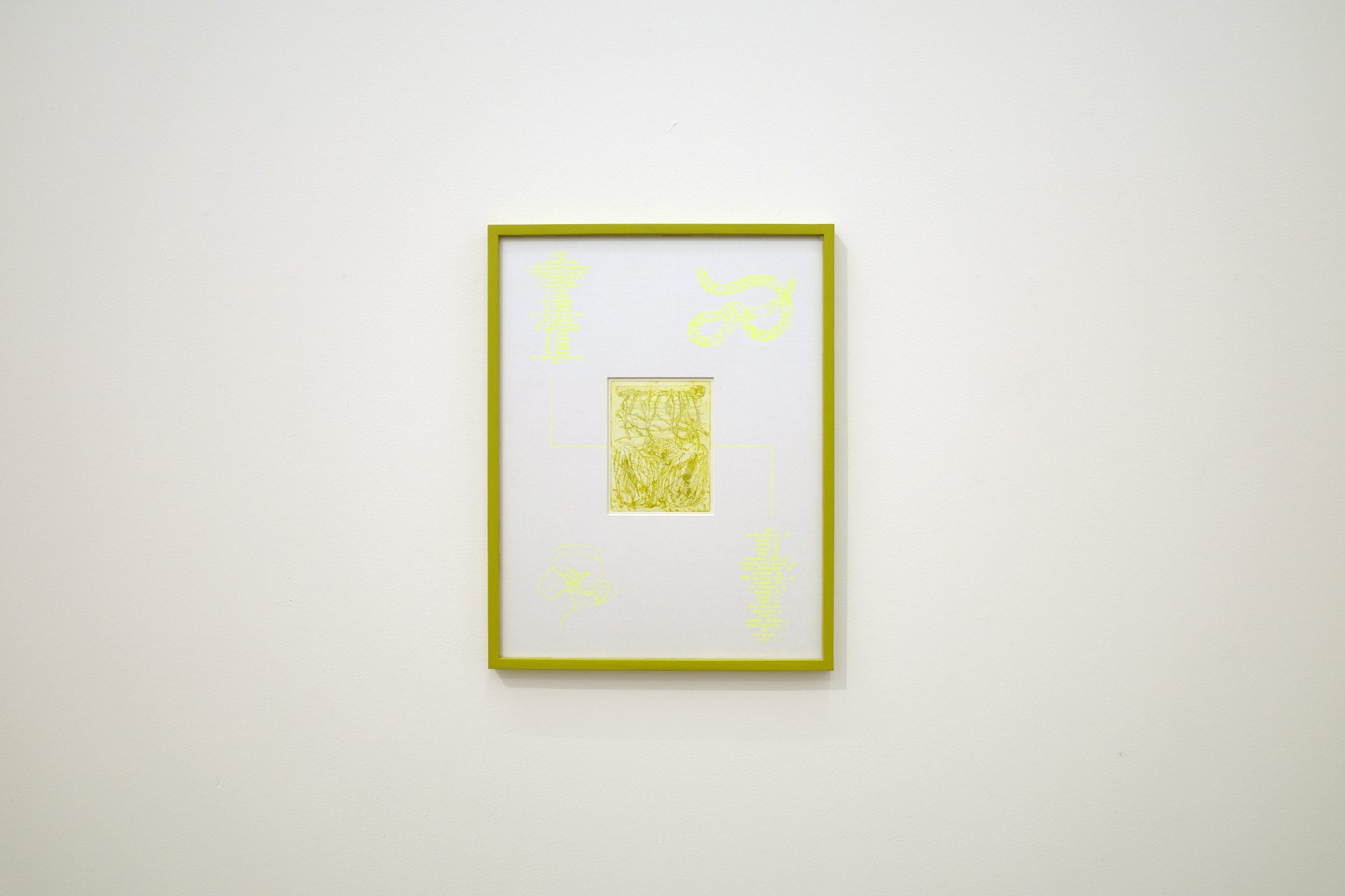 Anders Aarvik, untitled (mennesket, amfibiet), 2022, etching, fluorescent pen plotting, passepartout, coloured oak frame, 35x42cm. Photo: Anders Aarvik