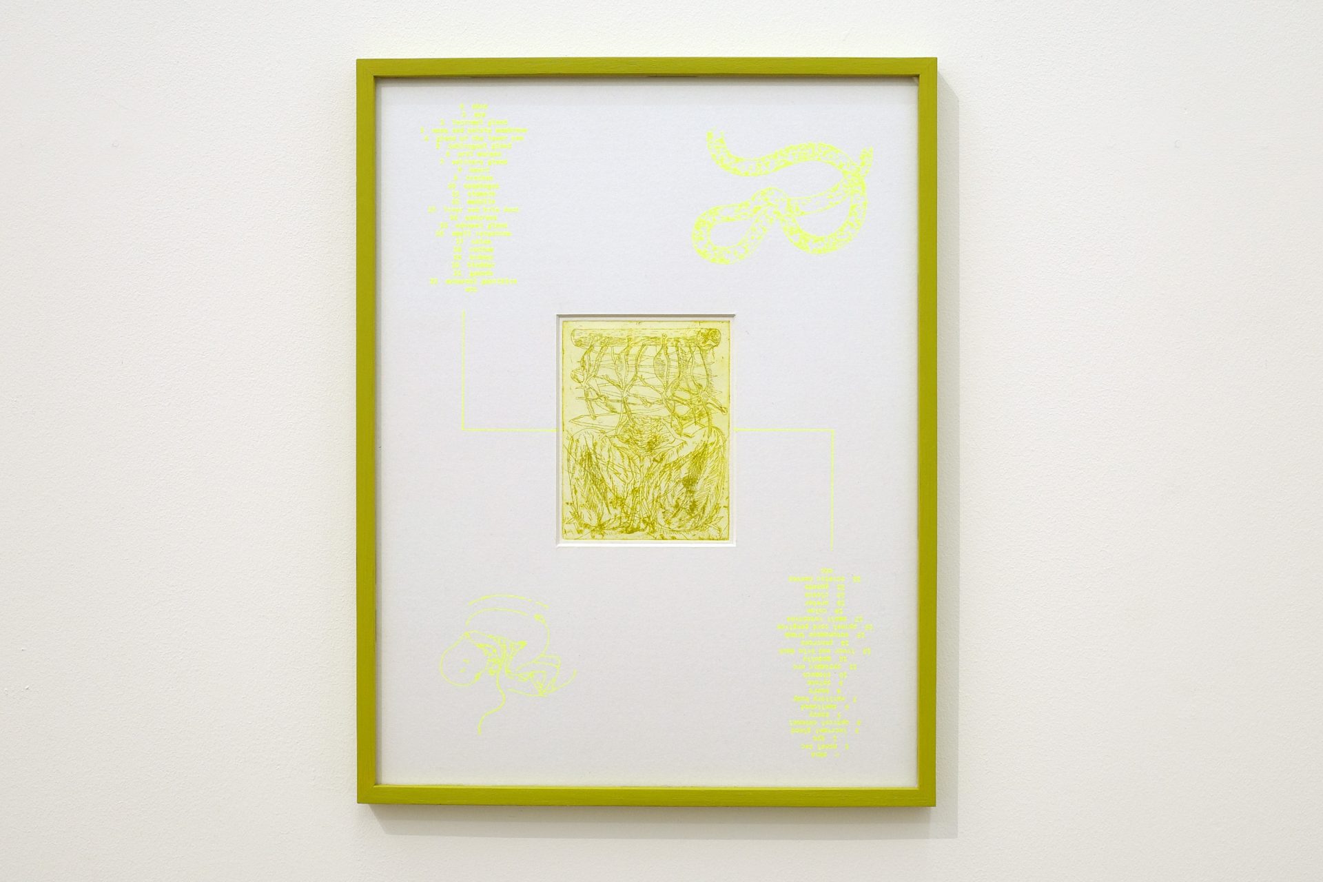 Anders Aarvik, untitled (mennesket, amfibiet), 2022, etching, fluorescent pen plotting, passepartout, coloured oak frame, 35x42cm. Photo: Anders Aarvik