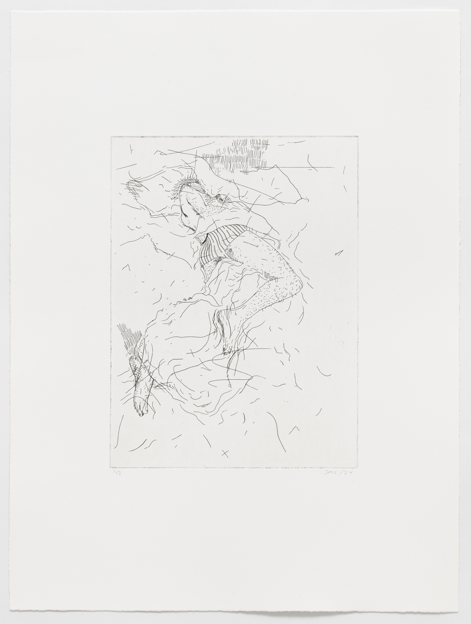 Jeppe Sleeping, 2024, copper etching on BFK - Arches Rives 300g