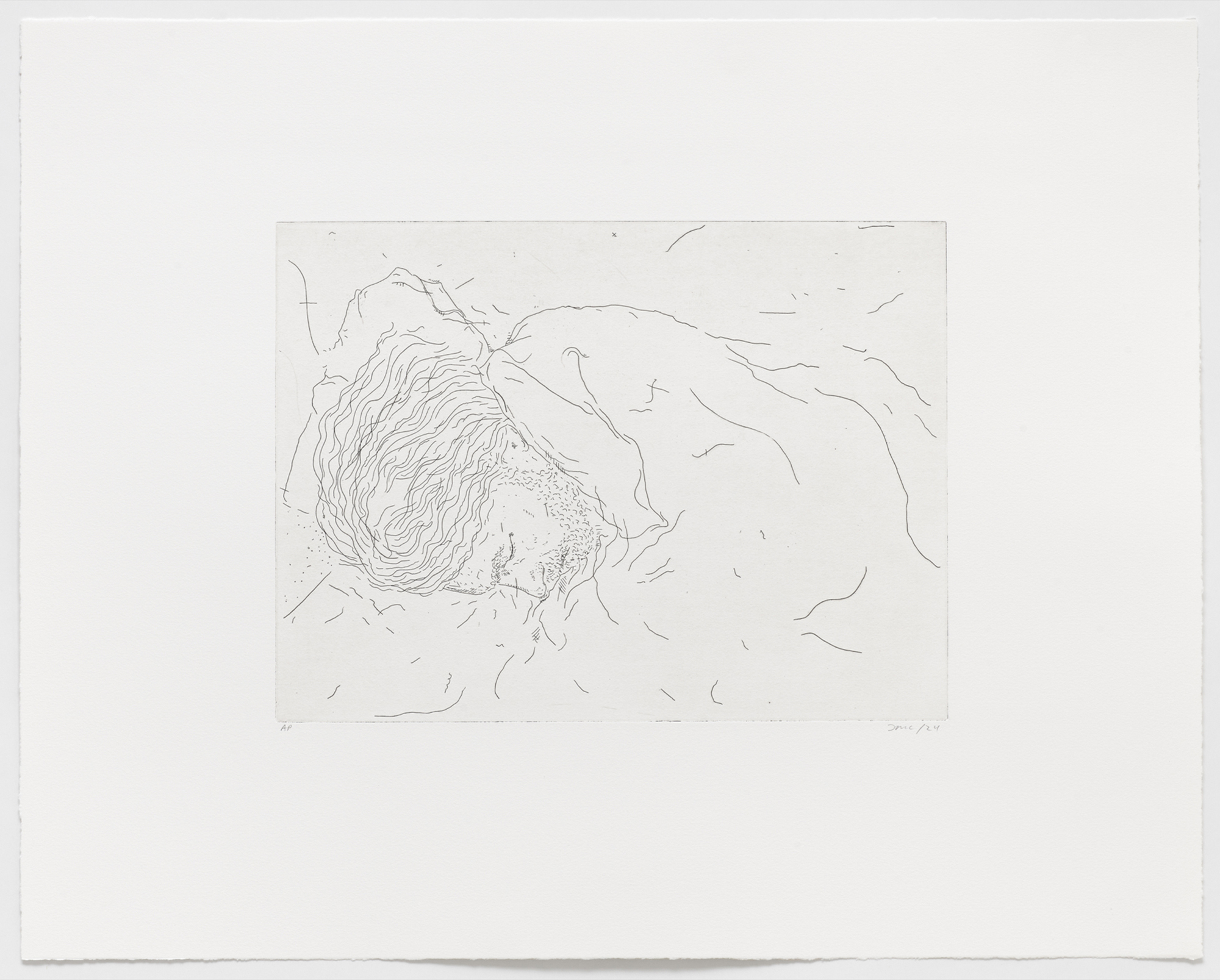 Jeppe Sleeping, 2024, copper etching on BFK - Arches Rives 300g