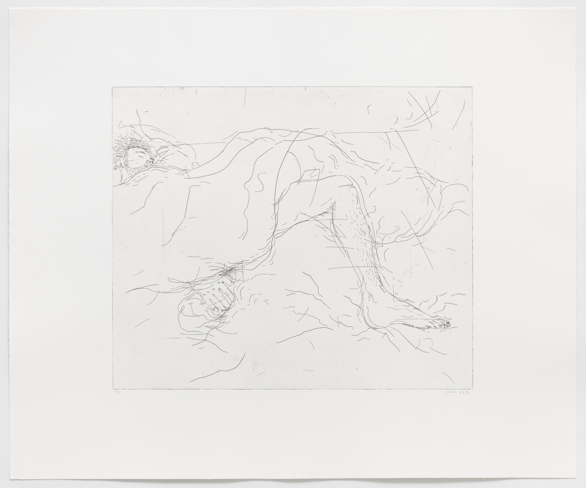 Jeppe Sleeping, 2023, copper etching on BFK - Arches Rives 300g