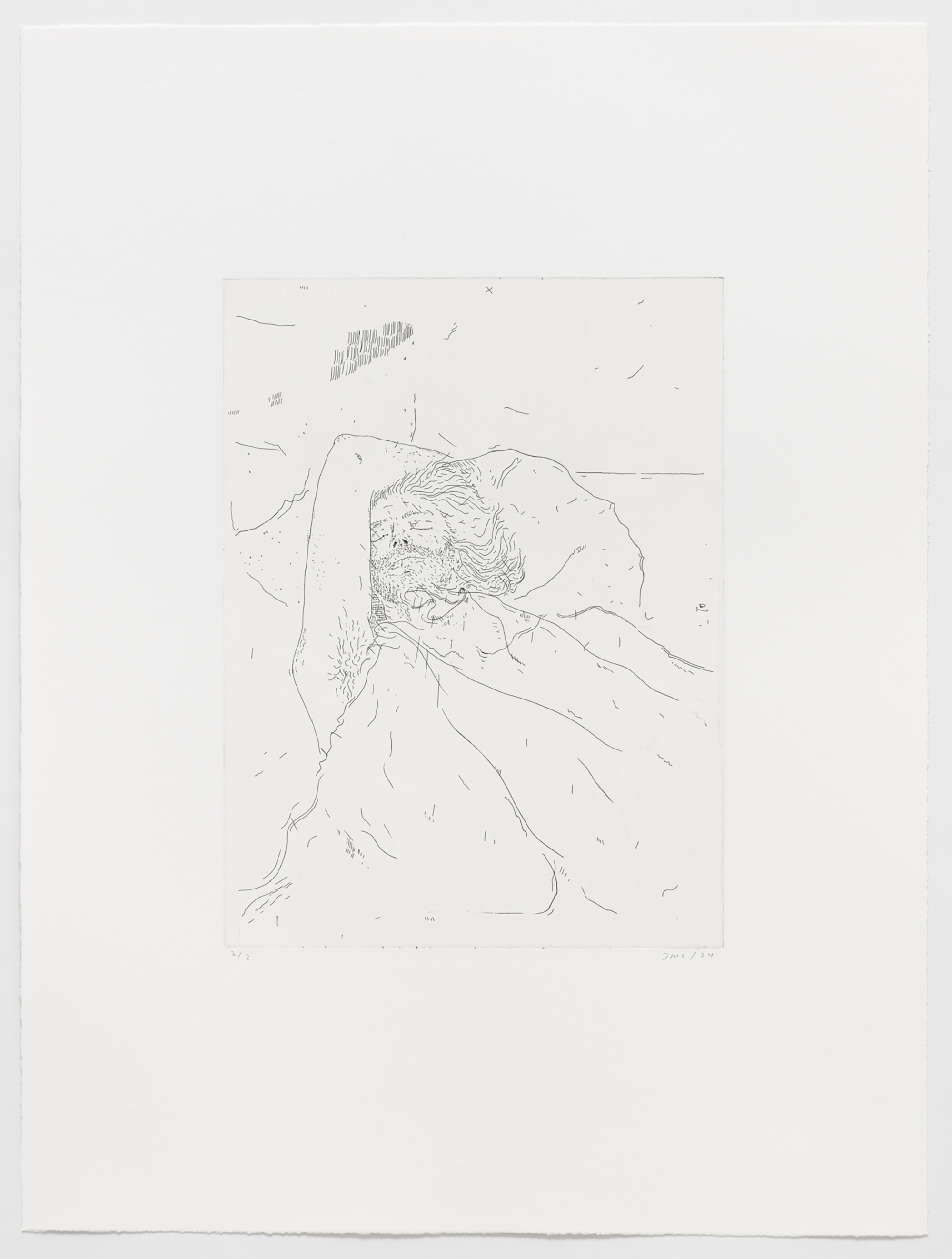 Jeppe Sleeping, 2024, copper etching on BFK - Arches Rives 300g