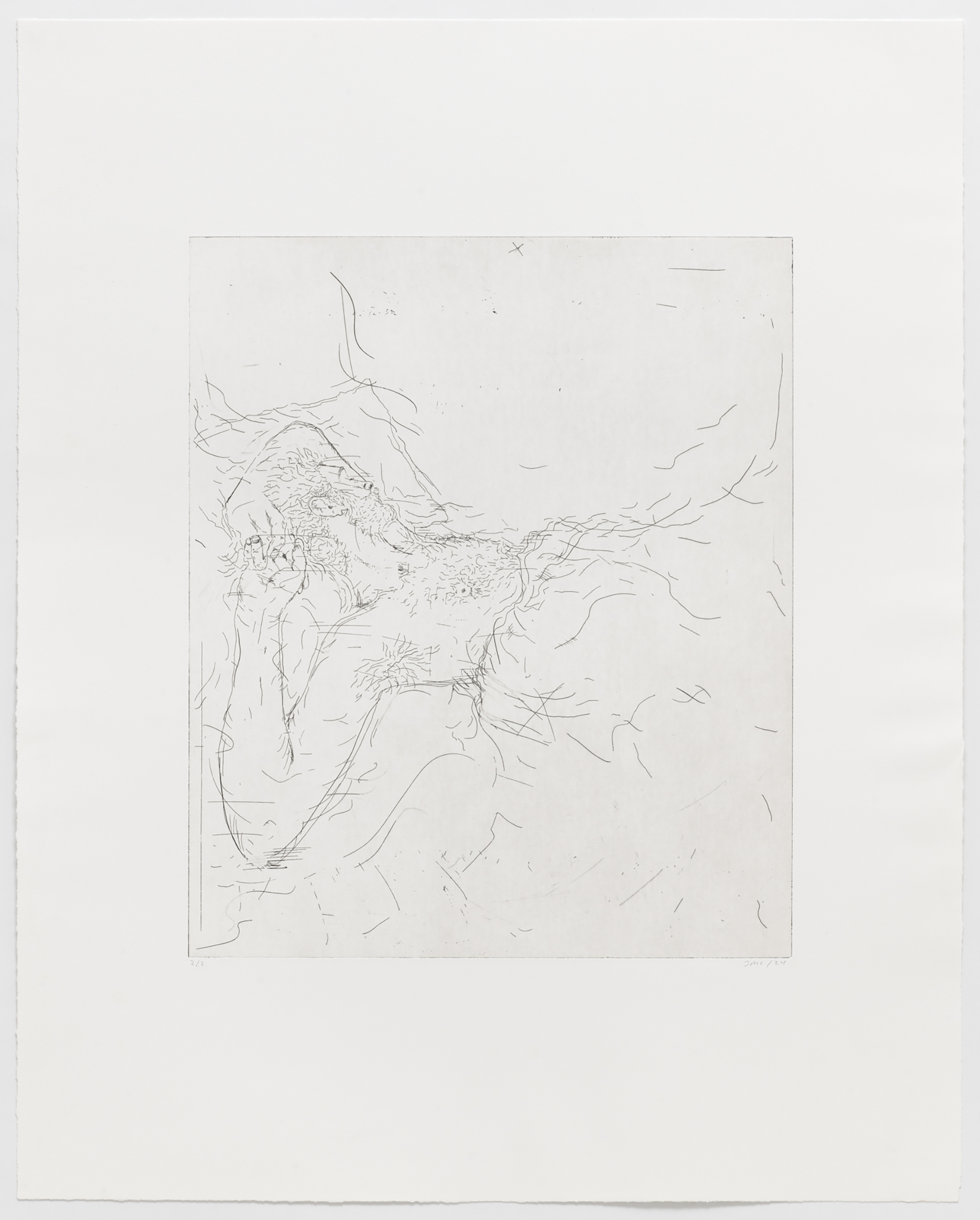 Jeppe Sleeping, 2023, copper etching on BFK - Arches Rives 300g