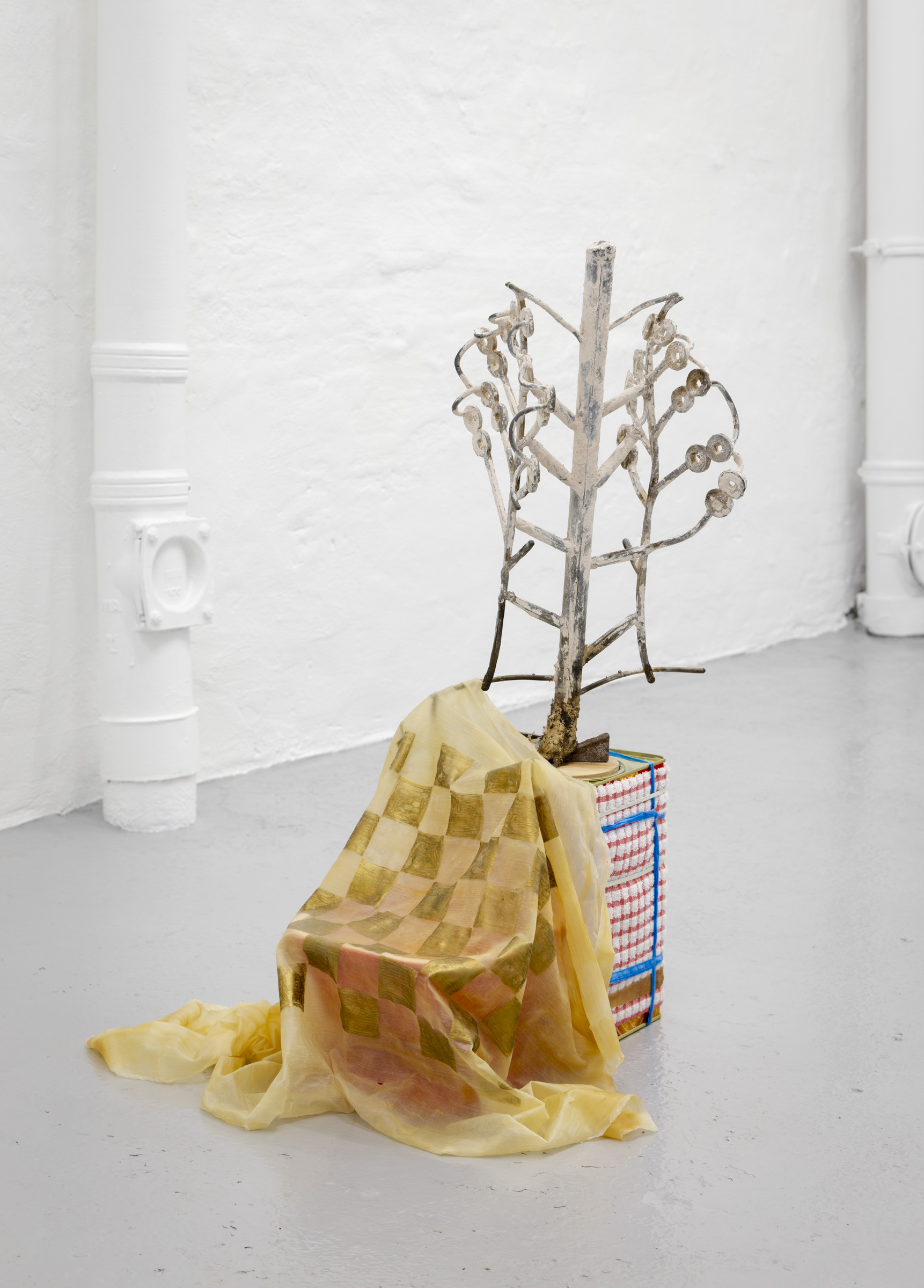 Kah Bee Chow, Money Tree (II), 2024, Cast bronze, plaster, chamotte, plywood, threaded rod, nuts, wood, concrete, raffia, dishcloth, rubber bands, biscuit tins, beeswax, plastic containers, faux oranges, and acrylic on latex, 70 x 45 x 50 cm