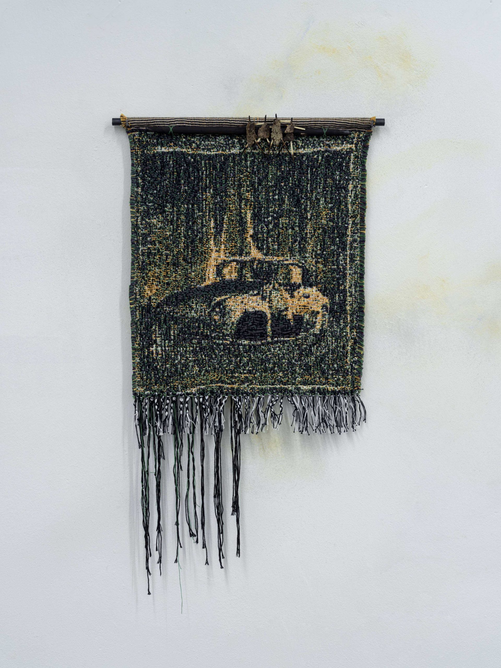 "Suddenly the sky was bright" 2023, TC2-woven tapestry, burned wood, yarn, matches, iron